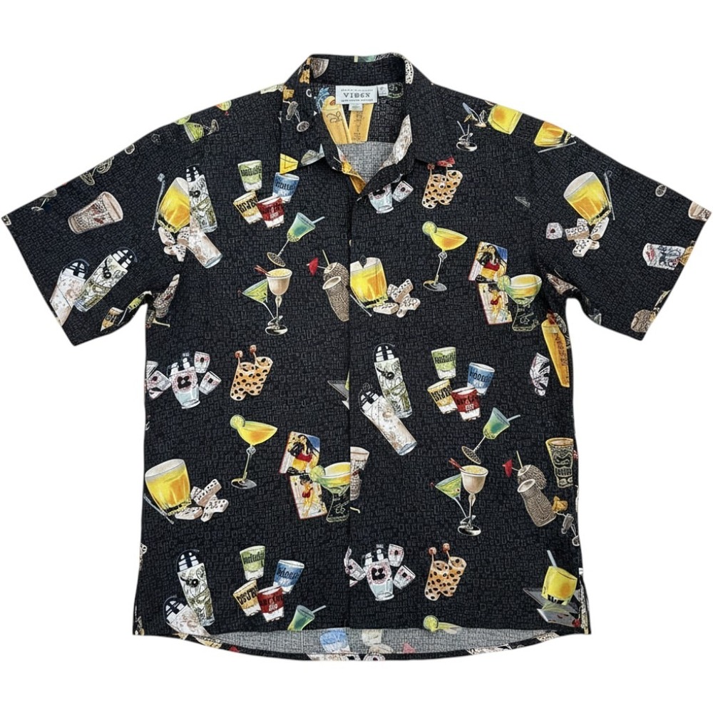 Vibes Button Up Shirt Mens XL Black Cocktail Drinks Tiki‎ Bar Pinup Girl Print